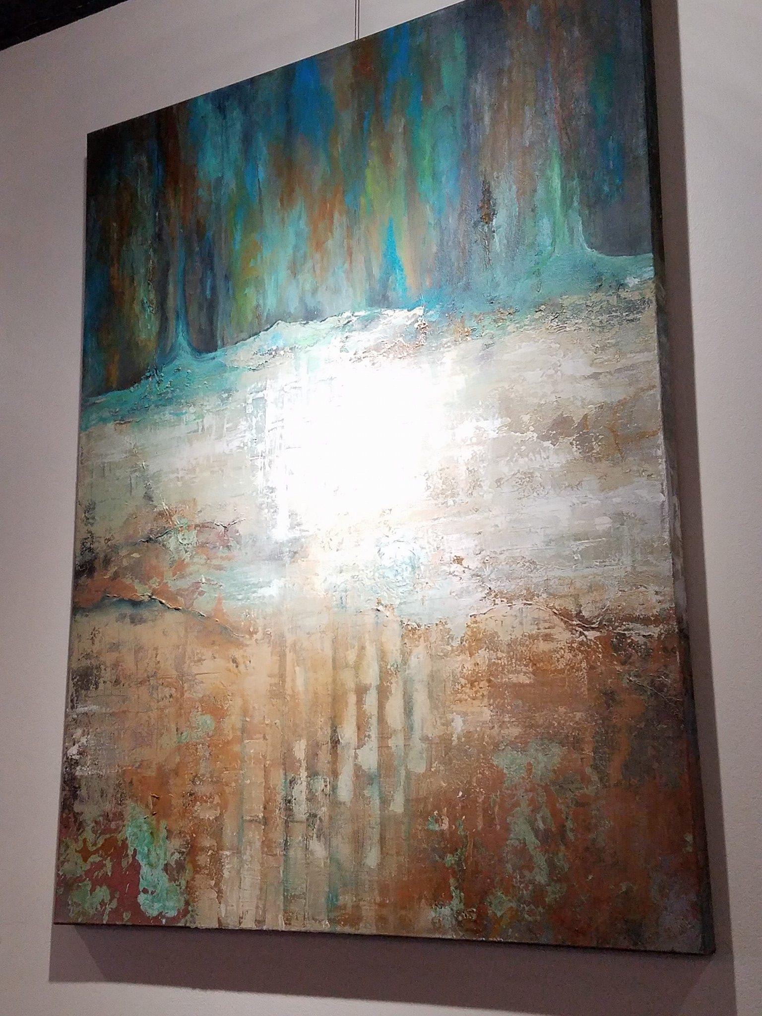 Abstract Landscape, Commissioned Art, Acrylics, Metallic paint and plaster, patina, metallic reactives, Wineroom art, teals, organic art,  Sugar Land Texas,