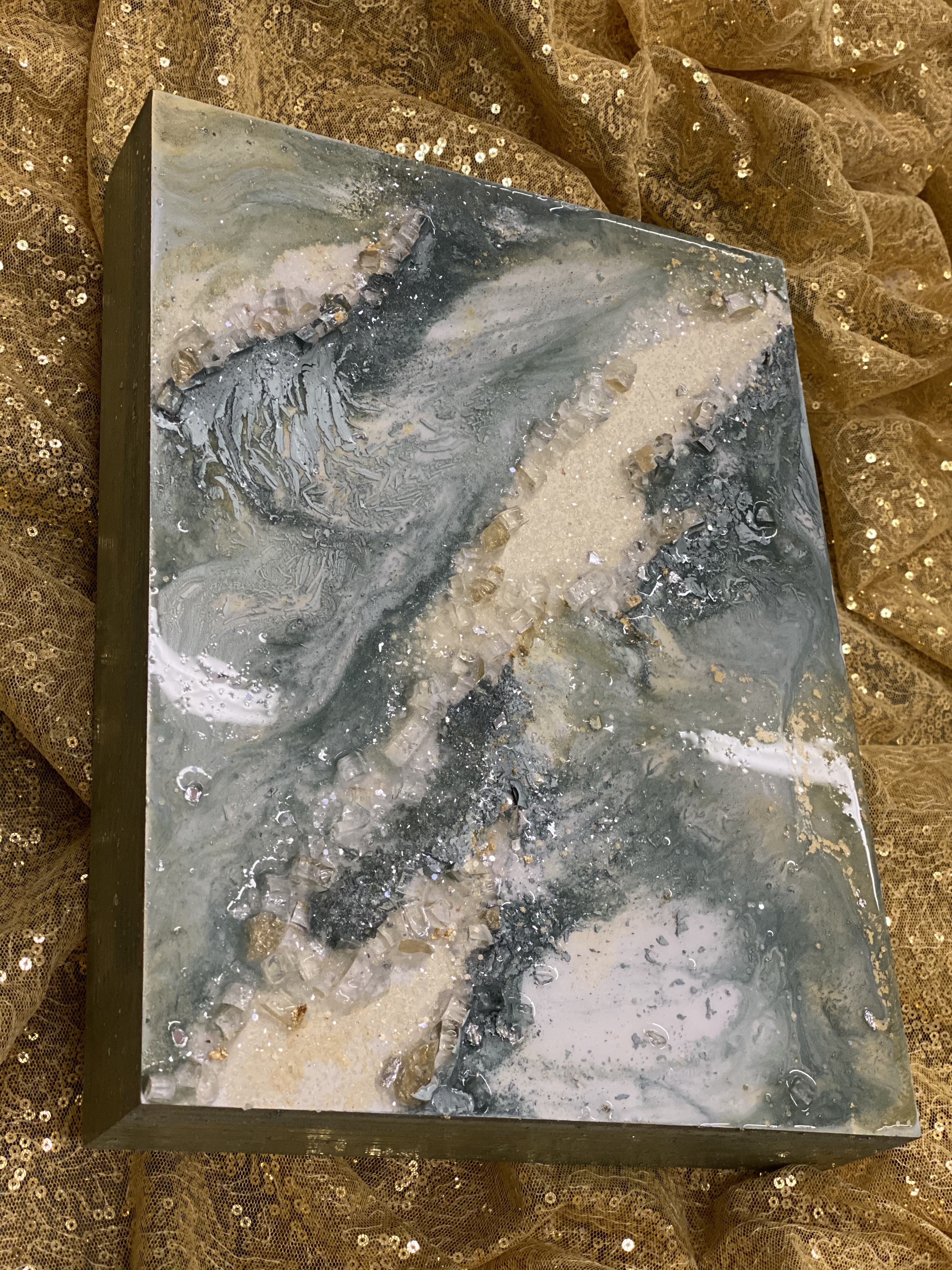 Mixed Media Art, Commissioned Art, epoxy like flow, rock art, metallic art, teal, gold, white, crackle, glitters, 
