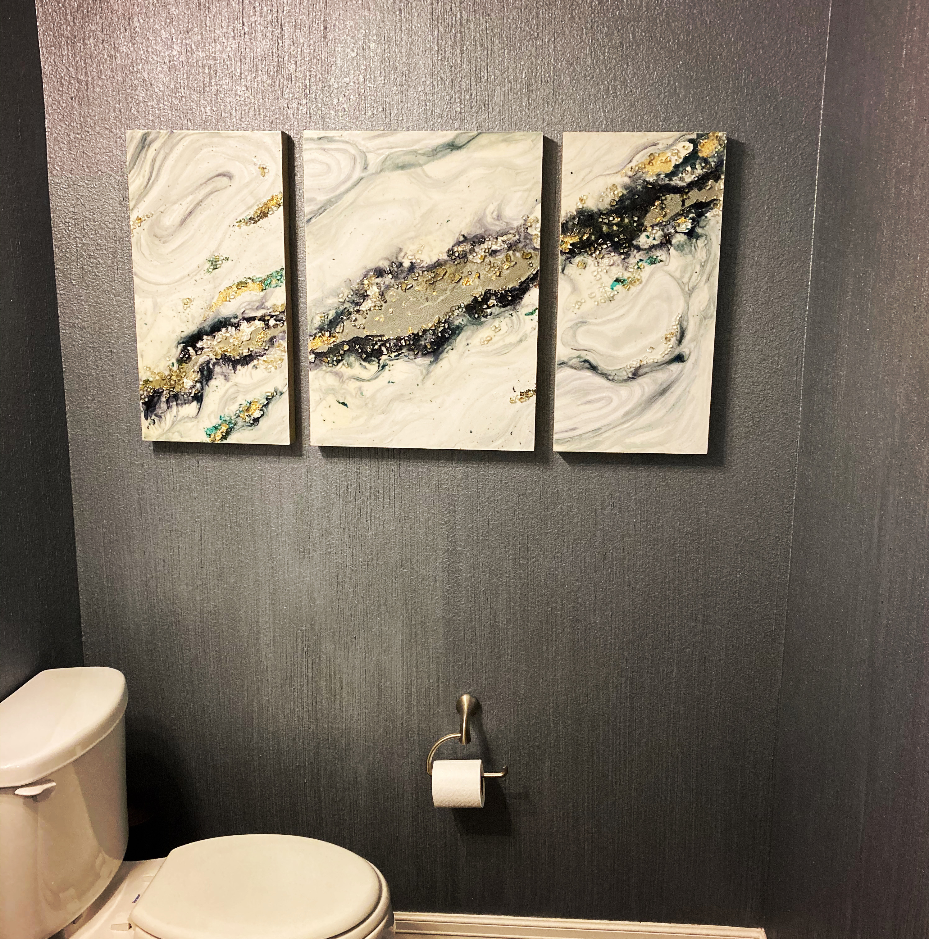 Bathroom Art, Commissioned Art, powder room art, silver, black, white, jewelry art, glass art, rock art, epoxy like flow, triptych, metallic,
