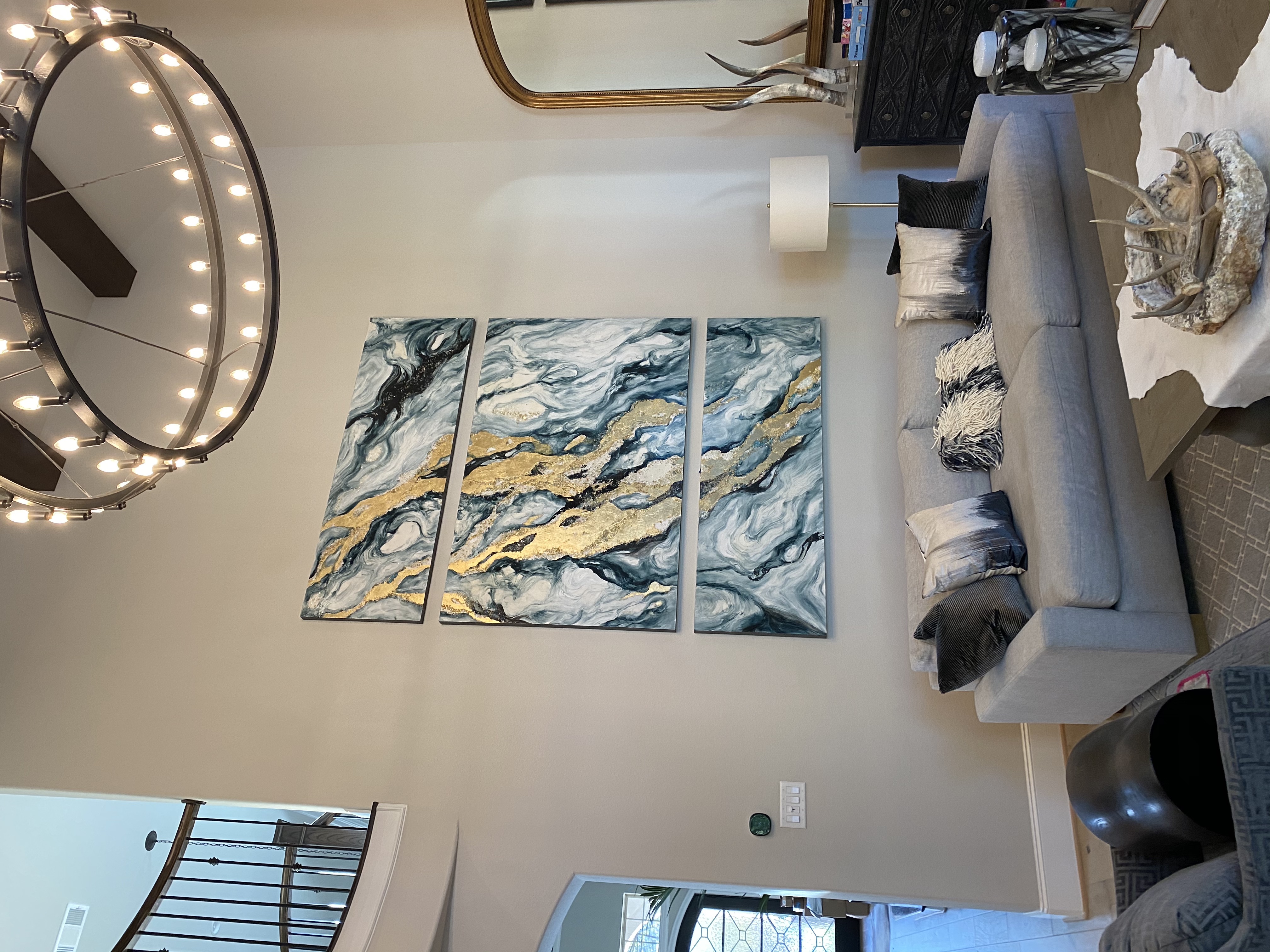 BigArt, Blue Gold, Commissioned Art, wood panels, gold leaf, rock art, glass art, living room art, family room art, epoxy like flow, triptych, large art, metallic, Nikole Starr Interiors,