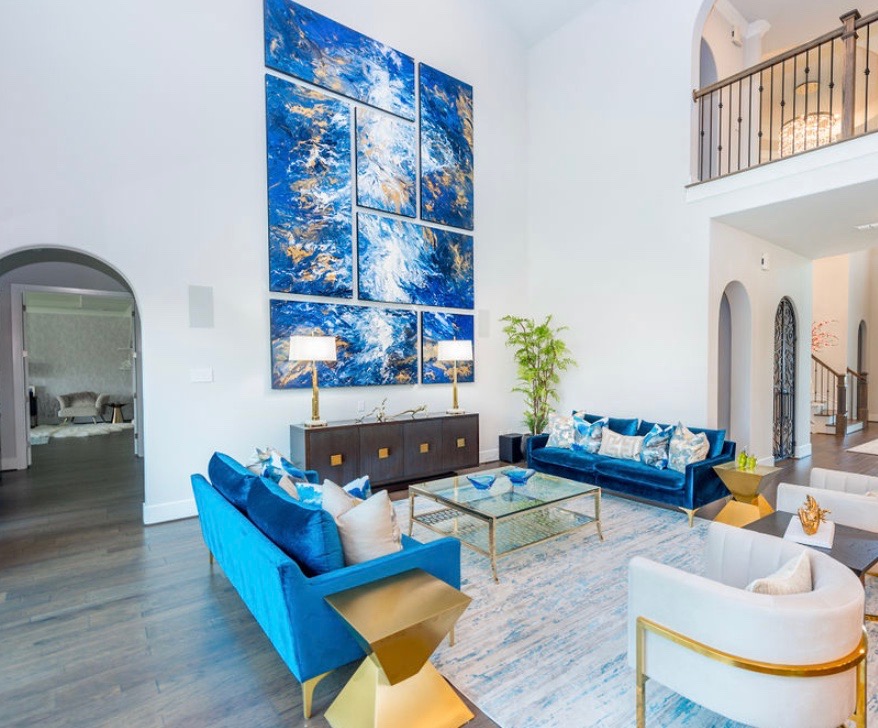 BigArt Piece Commissioned Art, wood panel art, seven piece collage, blue, gold, white, focal art, big wall solution, large art, manipulated flow, flow art, designer art, abstract art, metallic paint, Missy Stewart Designs,