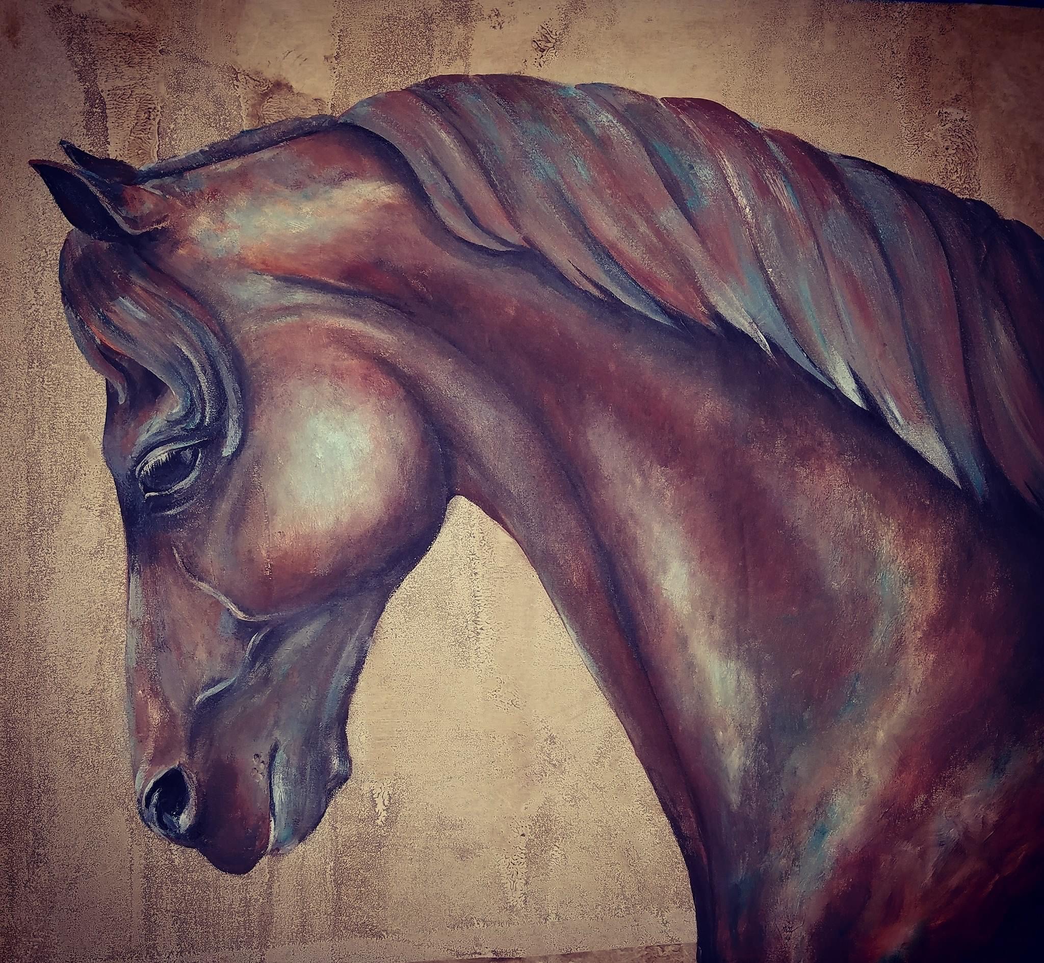Horse in the Mist, Commissioned Art, equine art, horse love, animal art, new york city, NYC, strong images, canvas art, faux patina statue, statement piece, horse painting, horse head profile, live art,