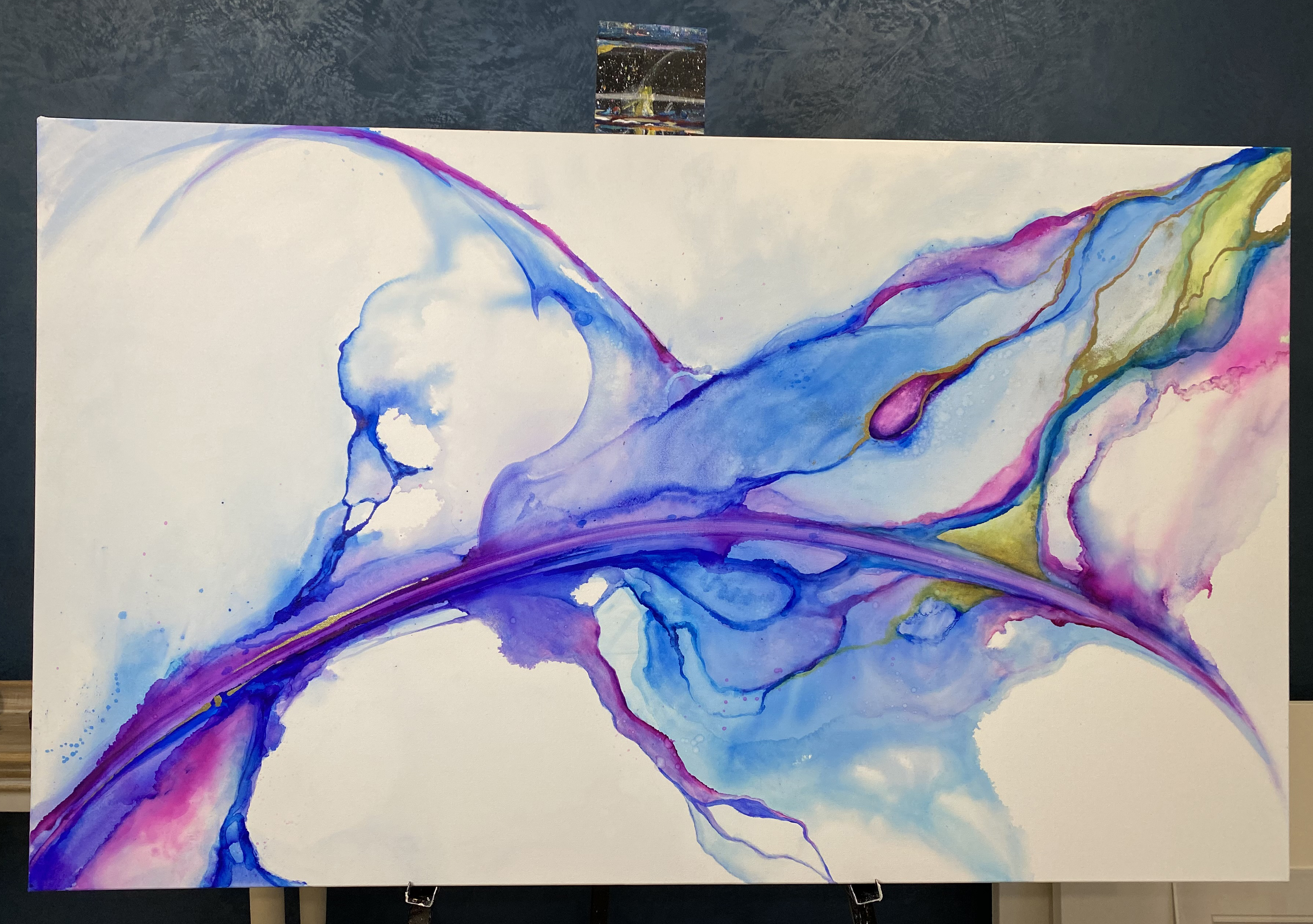 Ink Art Commissioned Art, alcohol inks, whimsy, abstract art, colorful, fucsia, blues, chartreuse, violet, canvas art, bedroom art, uptown houston,