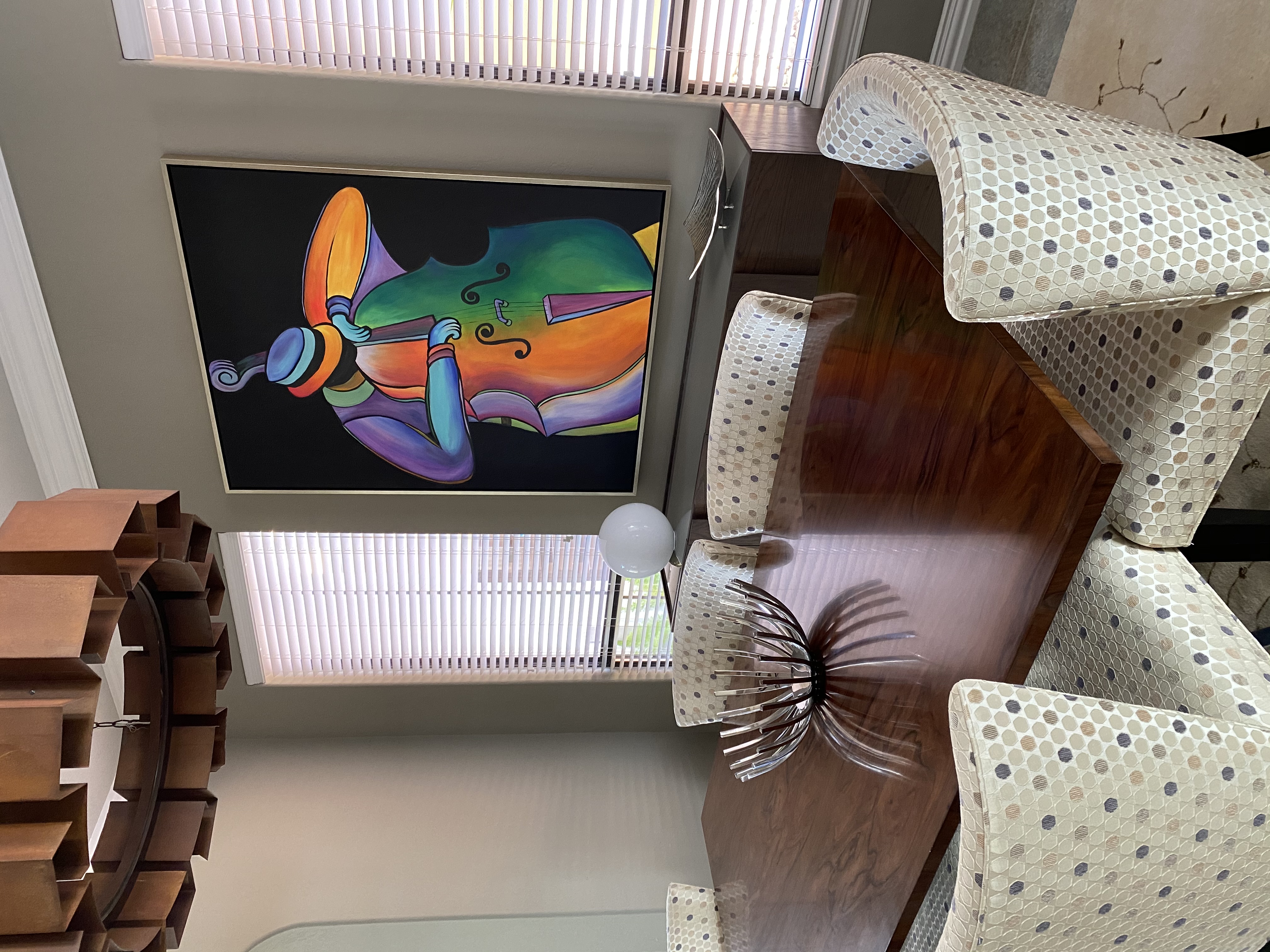 Colorful, Jazz Bass Player, Commissioned Art, Neon Art, Fluorescent paints, black background, Unique Art of Houston frame, champagne frame, bold colors, dining room art, instrument art, jazz art, Kemah Texas,