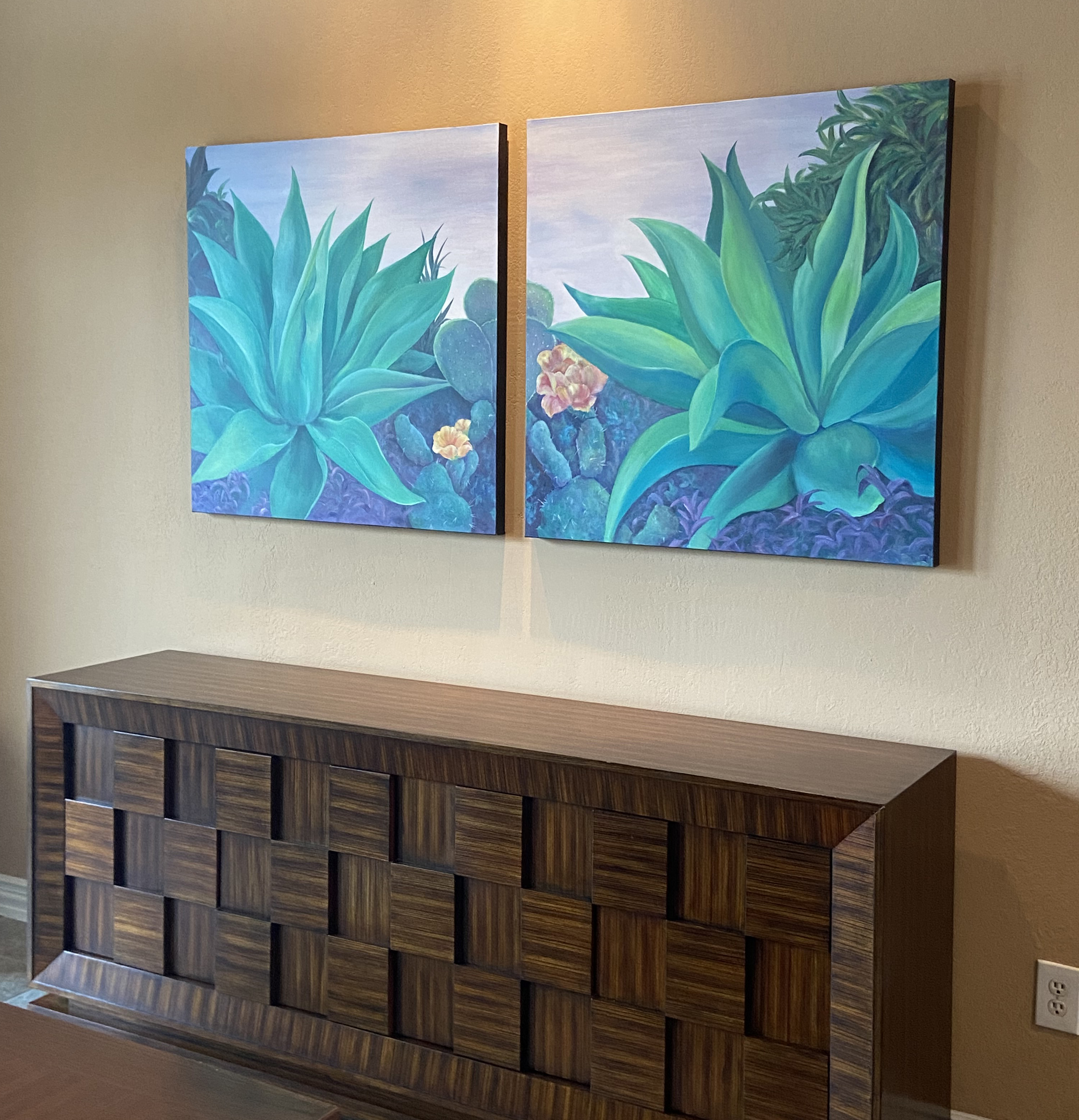 Agave Plants, Commissioned Art, colorful art, diptych, canvas art, family art, organic art, plant art, cactus flowers, 