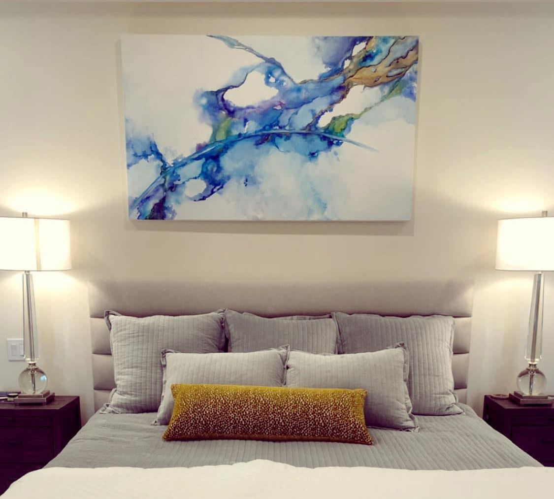 Blue Ink Flow, Commissioned Art, alcohol inks, acrylic accents, bedroom art, focal wall, interior design, headboard art, Missy Steward Designs, 